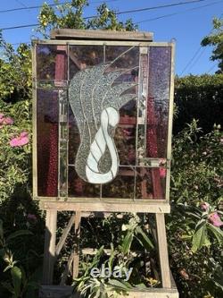 Vintage Swan Stained Glass Window Panel 13 Wide x 15 High Signed
