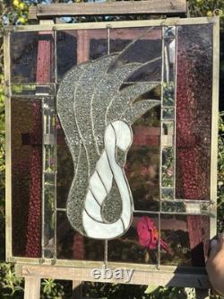 Vintage Swan Stained Glass Window Panel 13 Wide x 15 High Signed