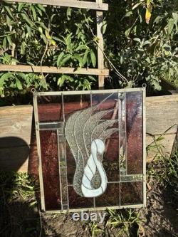 Vintage Swan Stained Glass Window Panel 13 Wide x 15 High Signed