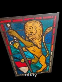 Vintage Swiss MAX BRUNNER marked Stained glass window panel Lion
