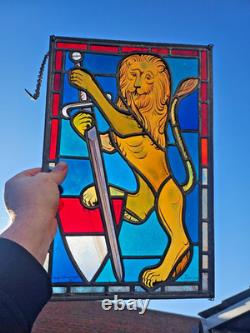 Vintage Swiss MAX BRUNNER marked Stained glass window panel Lion
