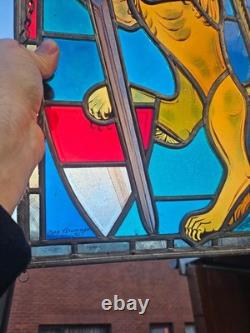 Vintage Swiss MAX BRUNNER marked Stained glass window panel Lion