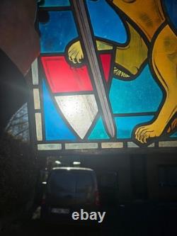 Vintage Swiss MAX BRUNNER marked Stained glass window panel Lion