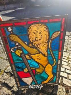 Vintage Swiss MAX BRUNNER marked Stained glass window panel Lion