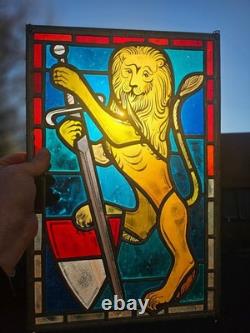 Vintage Swiss MAX BRUNNER marked Stained glass window panel Lion