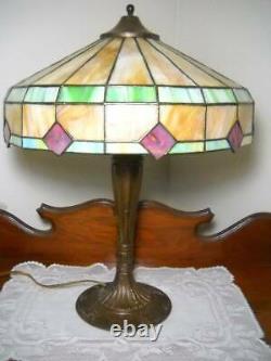 Vintage Table Lamp with 20 Panel Stained Glass Arts & Crafts Shade 21 1/2 Tall