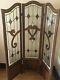 Vintage Three-panel Oak/Stained Glass Room Divider Screen