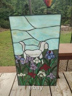 Vintage Tiffany Style Stained Glass Panel Window 20x34 Dog Flower Garden
