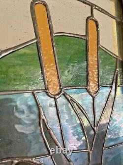 Vintage Tiffany Style Stained Glass Window Hanging Panel Cattails Framed