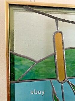 Vintage Tiffany Style Stained Glass Window Hanging Panel Cattails Framed