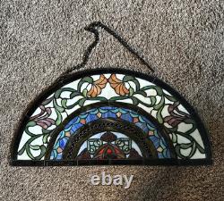 Vintage Tiffany Style Stained Glass Window Panel Demi Lune Half Moon Victorian