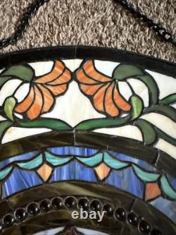 Vintage Tiffany Style Stained Glass Window Panel Demi Lune Half Moon Victorian