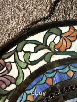 Vintage Tiffany Style Stained Glass Window Panel Demi Lune Half Moon Victorian