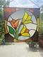 Vintage Tulip Leaded Stained Glass Window Hanging Panel Suncatcher Flower 16X16