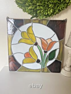 Vintage Tulip Leaded Stained Glass Window Hanging Panel Suncatcher Flower 16X16