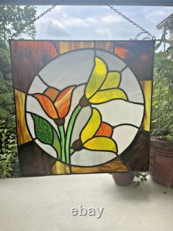 Vintage Tulip Leaded Stained Glass Window Hanging Panel Suncatcher Flower 16X16