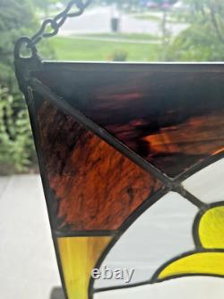 Vintage Tulip Leaded Stained Glass Window Hanging Panel Suncatcher Flower 16X16