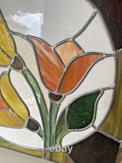 Vintage Tulip Leaded Stained Glass Window Hanging Panel Suncatcher Flower 16X16