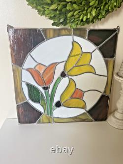 Vintage Tulip Leaded Stained Glass Window Hanging Panel Suncatcher Flower 16X16