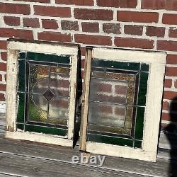 Vintage Wood Frame Leaded Stained Glass Slag Glass To And Bottom Window Panels