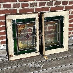 Vintage Wood Frame Leaded Stained Glass Slag Glass To And Bottom Window Panels