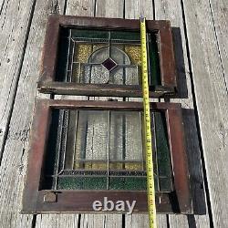 Vintage Wood Frame Leaded Stained Glass Slag Glass To And Bottom Window Panels