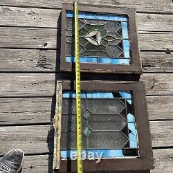Vintage Wood Frame Leaded Stained Glass Slag Glass Top And Bottom Window Panels