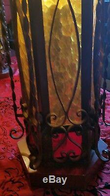 Vintage Wrought Iron Stained Glass Paneled Gothic Spanish Style Lamps 3 piece