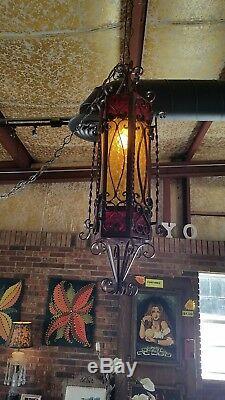 Vintage Wrought Iron Stained Glass Paneled Gothic Spanish Style Lamps 3 piece
