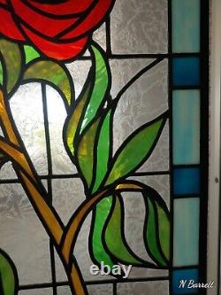 Vintage lead stained glass with rose. Panel 61X18