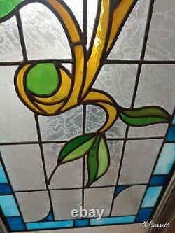 Vintage lead stained glass with rose. Panel 61X18