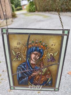 Vintage religious stained glass window panel madonna child angels