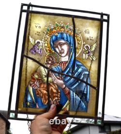 Vintage religious stained glass window panel madonna child angels