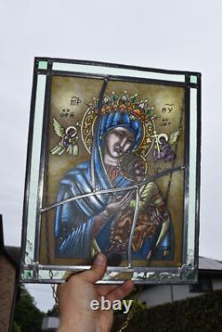 Vintage religious stained glass window panel madonna child angels