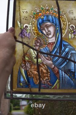 Vintage religious stained glass window panel madonna child angels