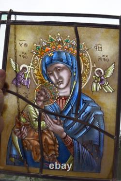 Vintage religious stained glass window panel madonna child angels