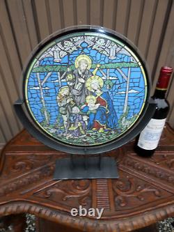 Vintage stained glass panel nativity scene in frame stand