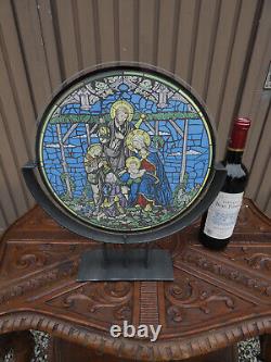 Vintage stained glass panel nativity scene in frame stand