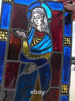 Vintage stained glass window panel religious madonna plaque