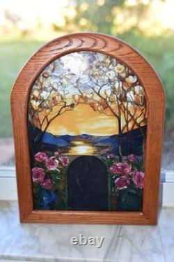 Vintage stained glass window panel sun catcher with oak frame