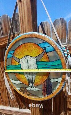 Vision In The Desert WINDOW HANGING STAINED GLASS PANEL Cow Skull Mountain