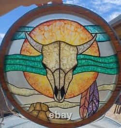 Vision In The Desert WINDOW HANGING STAINED GLASS PANEL Cow Skull Southwest