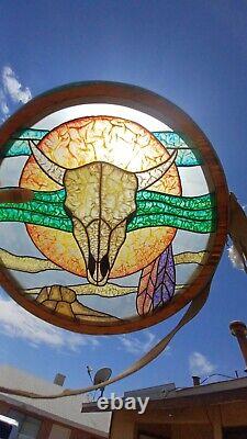 Vision In The Desert WINDOW HANGING STAINED GLASS PANEL Cow Skull Southwest