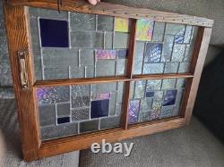 Vntg Geometric Leaded Stained Glass Window Panel Architectural Salvage Wood Fram