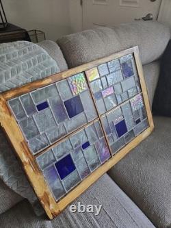 Vntg Geometric Leaded Stained Glass Window Panel Architectural Salvage Wood Fram
