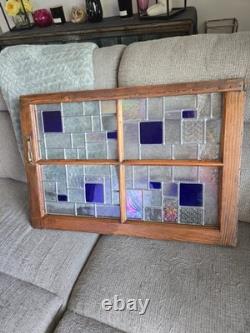Vntg Geometric Leaded Stained Glass Window Panel Architectural Salvage Wood Fram Vntg Geometric Leaded Stained Glass Window Panel Architectural Salvage Wood Fram