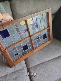 Vntg Geometric Leaded Stained Glass Window Panel Architectural Salvage Wood Fram