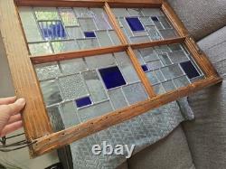 Vntg Geometric Leaded Stained Glass Window Panel Architectural Salvage Wood Fram