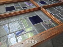 Vntg Geometric Leaded Stained Glass Window Panel Architectural Salvage Wood Fram