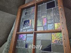Vntg Geometric Leaded Stained Glass Window Panel Architectural Salvage Wood Fram